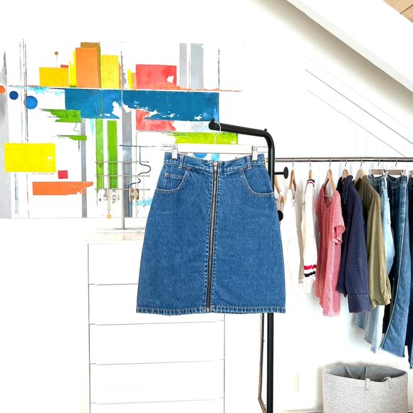 Vintage Medium Wash Denim High Waisted Zip Around Jean Mini Skirt XS - Picture 1 of 5